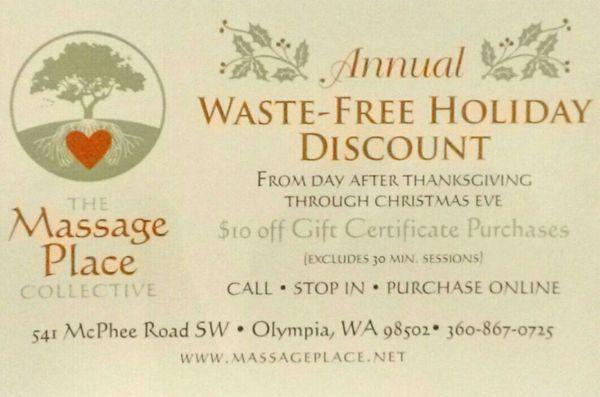 Take advantage of our holiday discount. Treat someone special to a soothing massage; it's a perfect gift.