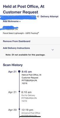 This is a picture of the dishonesty and another lie I NEVER ONCE REQUESTED THEY HOLD MY PACKAGES!!! I pay extra for my packages