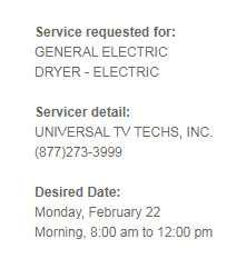 Snippet of the GE Appliances Service Appointment email