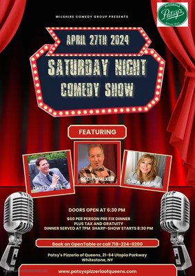 Dinner followed by a stand-up comedy show with David Weiss, Cara Amore and Rich Walker.
$60pp (plus tax and gratuity) Cash bar avail