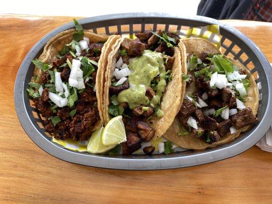 Chorizo Taco, Al Pastor Taco and Carne Asada Taco.