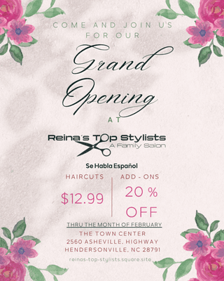 Come and join us in celebrating the opening of our new salon! Thru the month of February $12.99 haircuts and 20% off all other services!