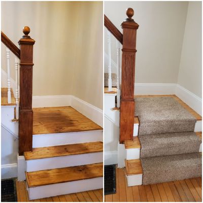 This is a picture of the before and after photo of the stairs with and with out the new carpet runner