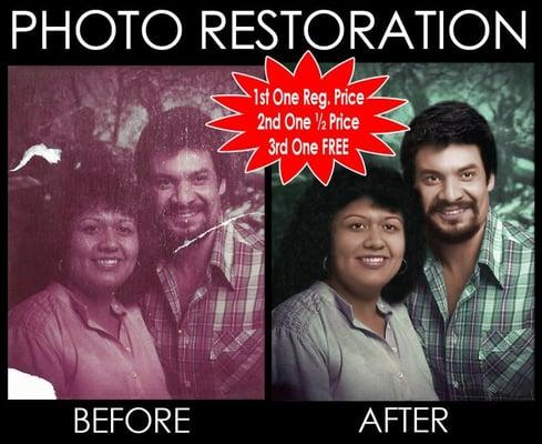 Restore 1 photo at regular price, get second one half off and third one free!!