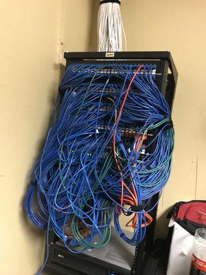 This is a before photo of a network rack that needed to be cleaned up and organized