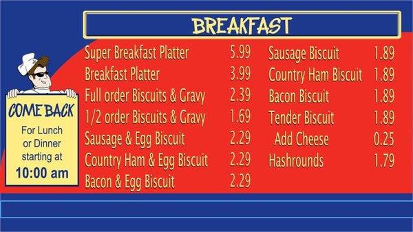 Breakfast menu