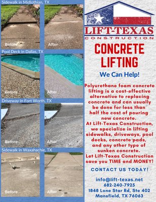 Concrete lifting for residential or commercial properties.