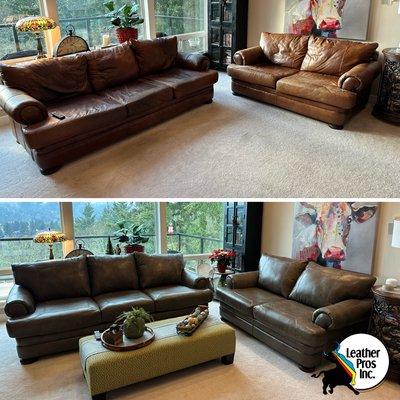 Couch and loveseat upholstery in leather and cushion core replacement