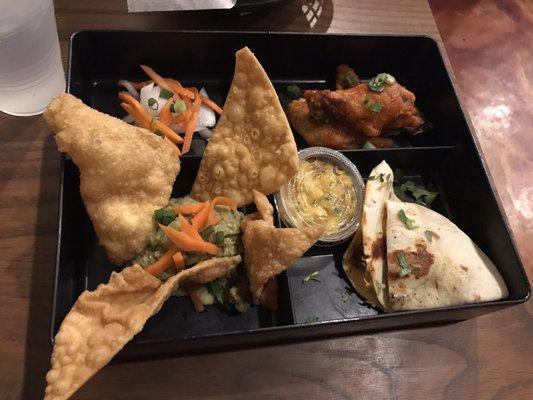 Bento box: bacon guacomole, chili garlic wings and spicy shrimp quesadilla