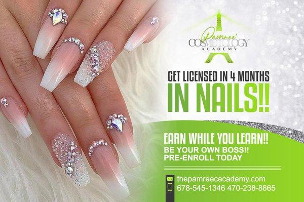 Nails 525 hour, you can finish in 5month!!  start today
 678-545-1346
 Thepamreecacademy.com