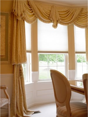 Panels, Swags, cascades, Hunter Douglas shades & re-upholstery of chairs by Window25