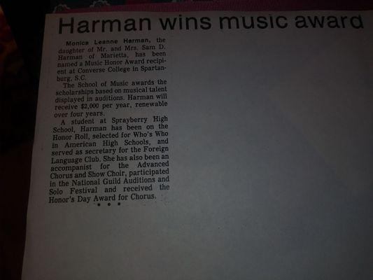 News article of me winning piano scholarship into college