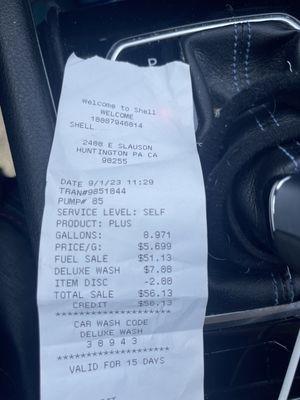 Fuel receipt,  And car wash code