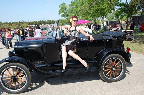 Pinup model, Keke Noir, posing in a Model T that was built by the owner/operator of Bare Bones, Tim Haase. (2013)