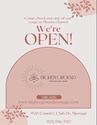 Now open! A yoga, pilates, strength and stretch studio in Moraga. Visit highergroundmoraga.com for promotions and to subscribe for updates.