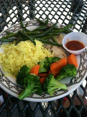 Tilapia, raisin rice, veggies