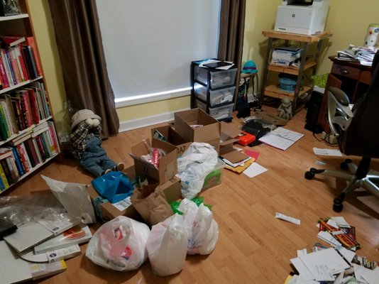 Clutter had taken over this home office.  Once decluttered and organized, it is fully functional.