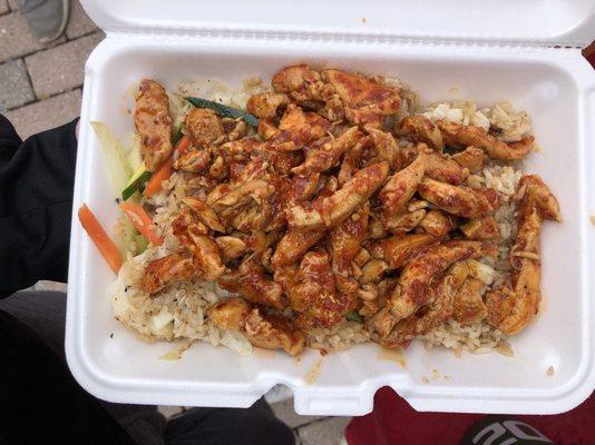 Spicy hapayaki chicken and fried rice from stand at Cornell farmers market