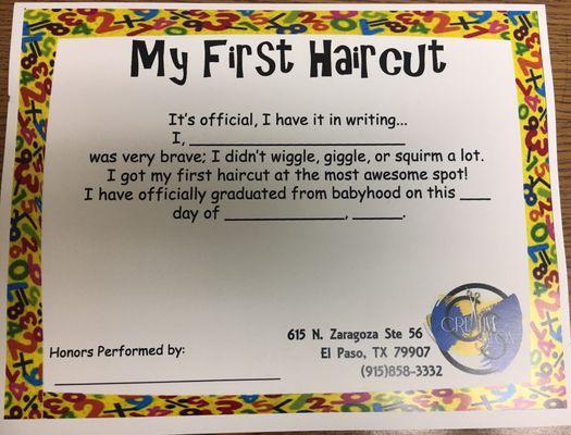 First haircut certificate.