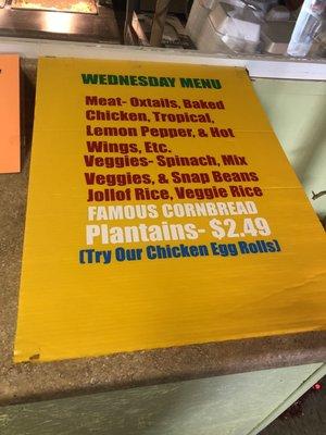 Menu  for Wednesday's