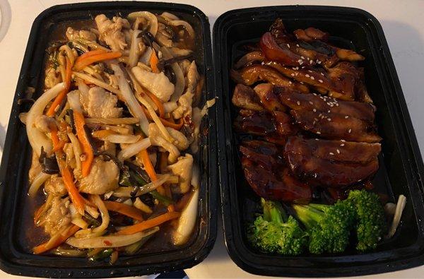 Chicken mushroom dish and teriyaki chicken