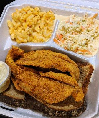 Catfish dinner with baked mac and coleslaw