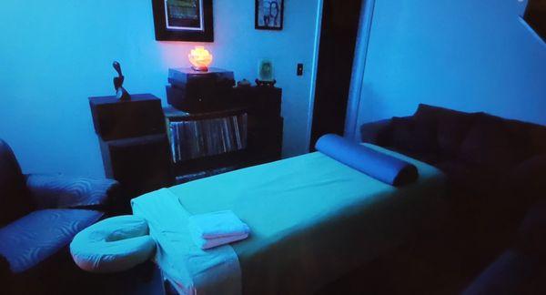 Mobile Massage Table set up in client's home in Massachusetts. Ready Wellness LLC.