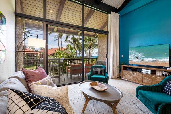 Naka's added these 14 ft tall privacy drapes in the living room at Luana Kai B309 vacation rental.