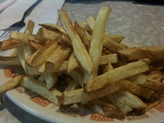 Fresh & hot, these skin-on fries are served w/malt vinegar on the side