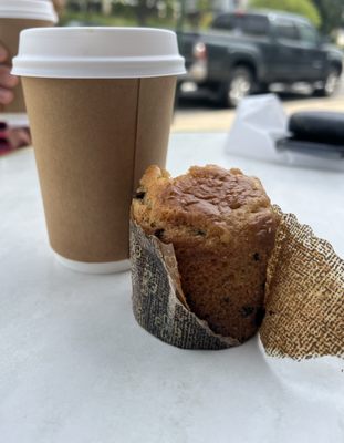 Chocolate chip muffin, hot coffee