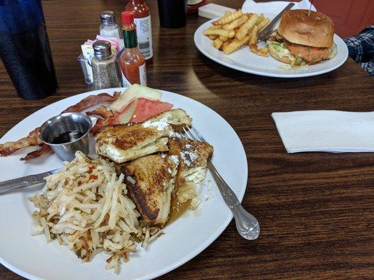 French Toast with Hash Browns and Santa Fe Chicken Sandwich. Yum