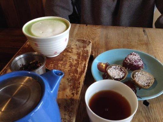 Japenese green tea latte and chai tea. Coconut chocolate cups and hibiscus hearts desserts.