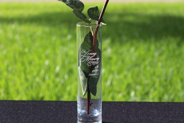 "In Loving Memory" glass bud vase rental