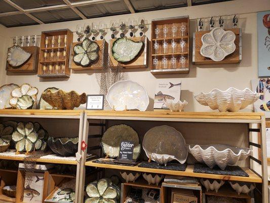 Pretty kitchen items with oyster plates, clam shell serving dishes.