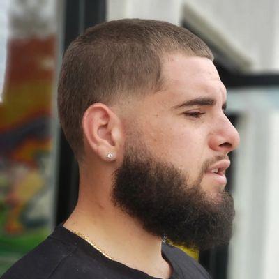 Razor bald low burst tapers. Reverse blended beard.  Crispy razor line up on everything