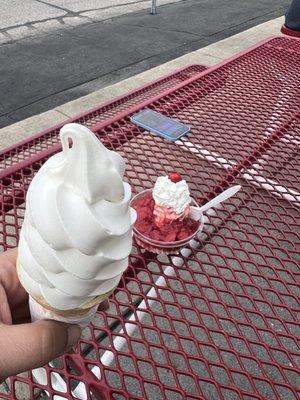 Vanilla soft serve cone , strawberry shortcake