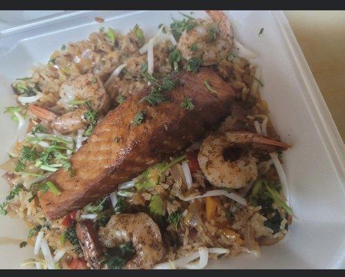 Salmon over shrimp fried rice