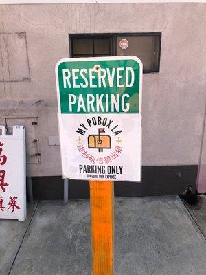 Reserved parking in the back of the building. You can access your mailbox from the back with a 24/7 code.