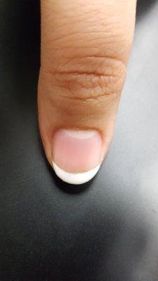 HORRIBLE crooked, uneven, and left empty nail showing