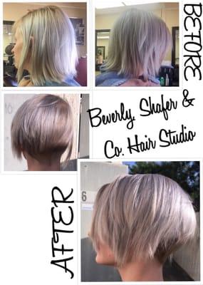 Color correction. From a light blonde bob, with gold lines of demarcation and regrowth, to a beautiful silver platinum on an edgy undercut.