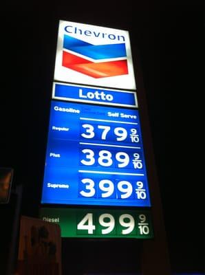 Gas prices 11/3/12. Gas station is just like any other, small tho, not much variety on chips or snacks. Still serves its purpose