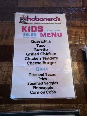 Kids menu