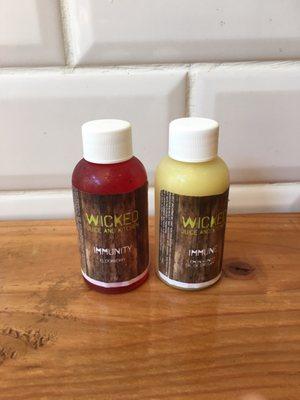 Elderberry shot (smooth) and lemon ginger shot (burns) - both to help boost immunity.