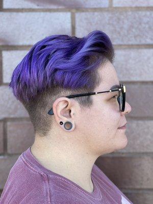 Edgy pixie cut, with custom purple