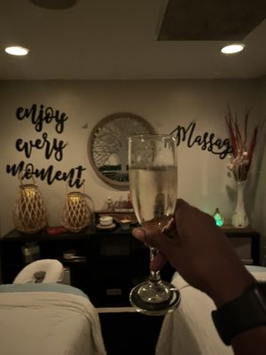 Massage room with champagne glass