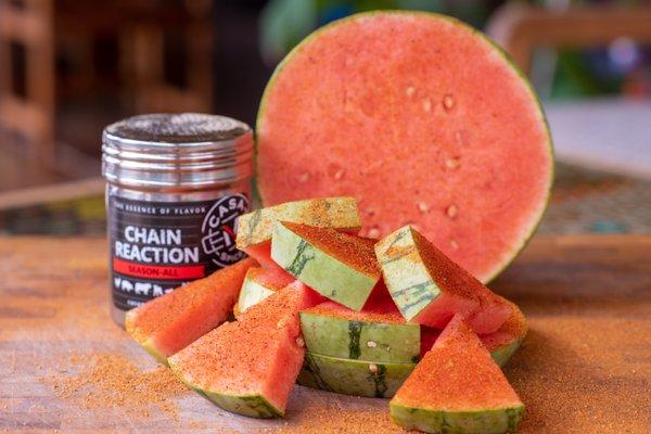 Casa M Spice Co® Uncontrolled Chain Reaction® Season-All on fresh watermelon