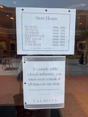 Talbots guidelines and hours of operation...