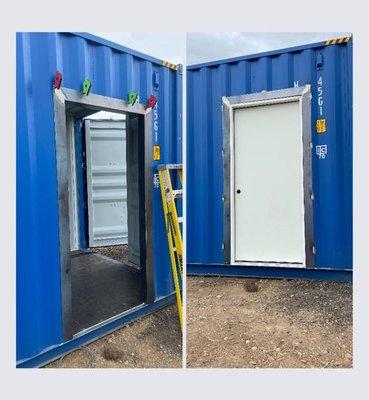 Door instillation for a Conex storage container with custom fabricated frame.