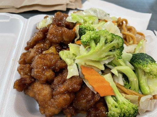 Orange chicken, Hawaiian chicken, veggies over lo mein noodles.