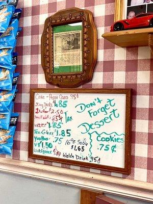 Drink & dessert price list - Don't forget dessert, it's a small mom and pop shop serving the community for 35 years